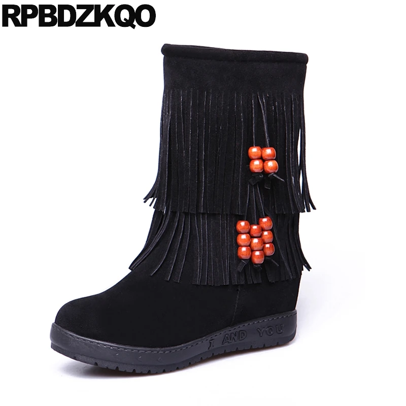 

Black Strange Women Boots Winter 2017 Shoes 9 Flat Mid Calf Slip On Fringe Fur New Chinese Fashion Ladies Female