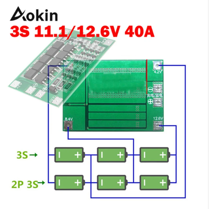 

Aokin 3S 40A BMS 11.1V 12.6V 18650 Lithium Battery Protection Board with Enhance/Balanced Version For Drill 40A current Diy Kit