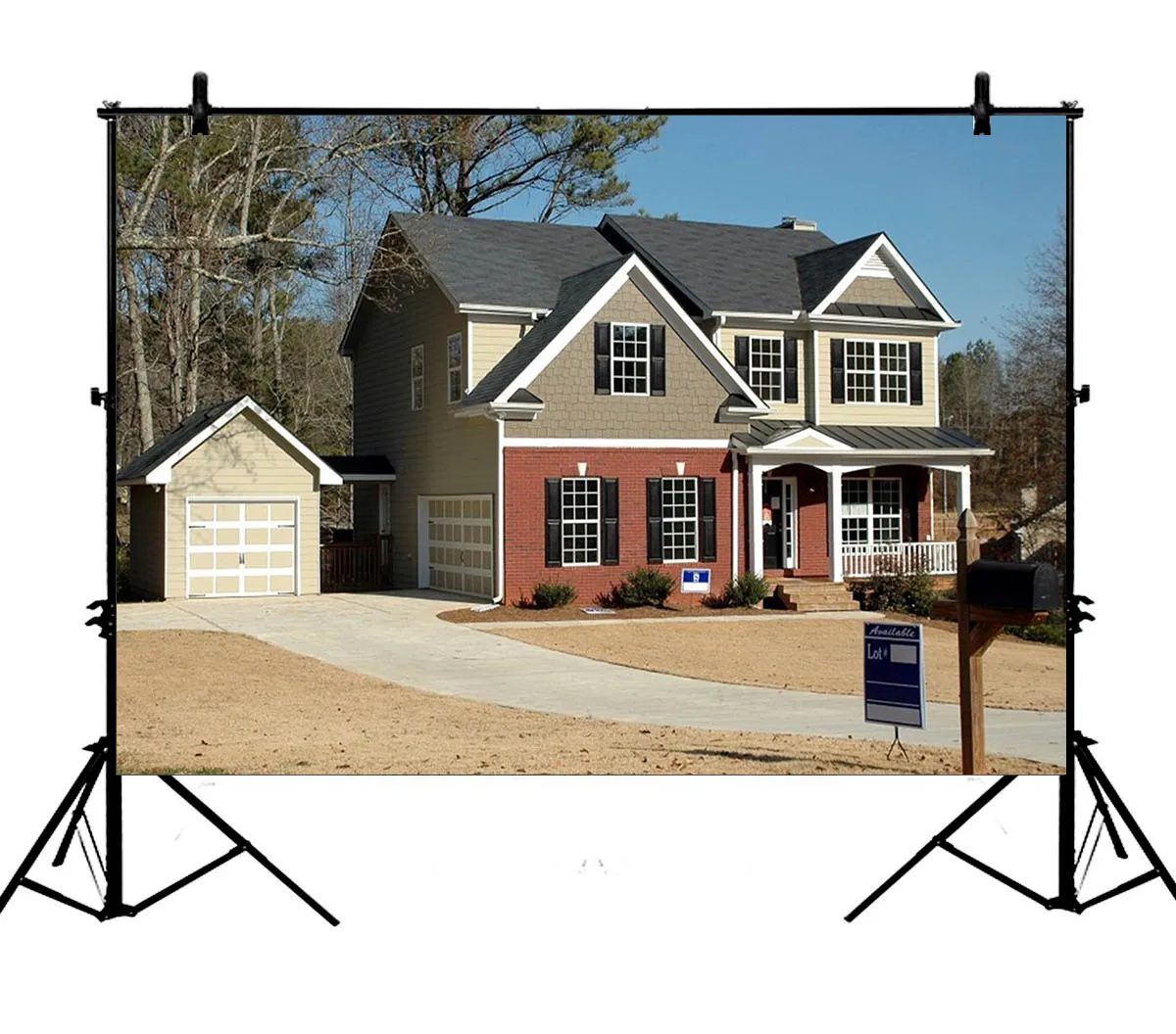 

5x7ft House Green Plants Forest Trees Blue Sky Winter Polyester Photo Background Portrait Backdrop