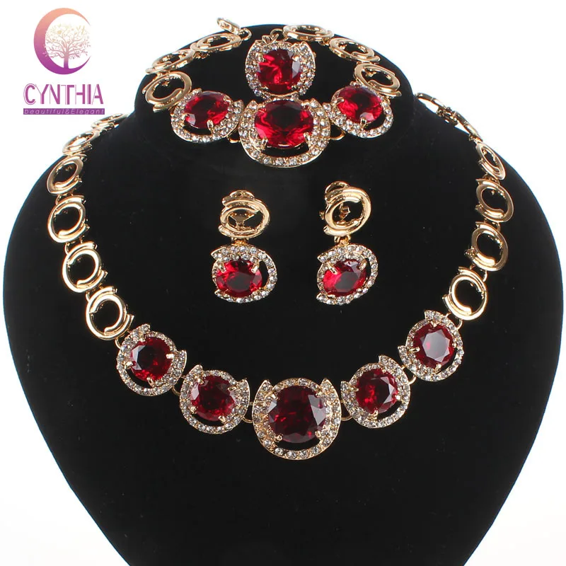 Women Wedding Jewelry Sets Classic Red Gem Crystal Gold Plated Crystal Zircon Earring Pendant Necklace Ring