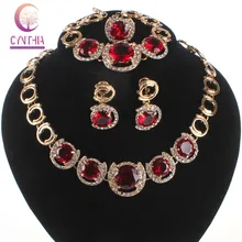 Women Wedding Jewelry Sets Classic Red Gem Crystal Gold Plated Crystal Zircon Earring Pendant Necklace Ring