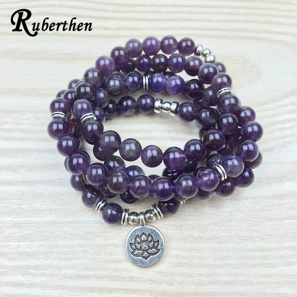 Ruberthen 2017 Luxurious Design Purple Natural Stone 108 Mala Lotus Bracelet or Necklace Reiki Charged Buddhist