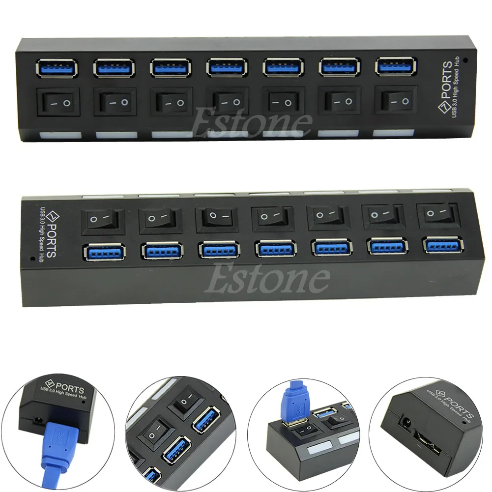 7 Port USB 3.0 Hub With On/Off Switch+ EU Power Adapter For PC LaptoTR Platooninsert For Computer Peripherals