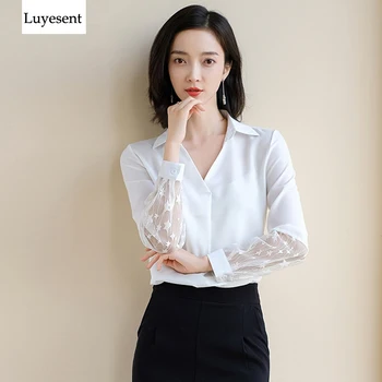 

Women Black White Chiffon Lace Patchwork Transparent Long Sleeve Vintage Blouses Female Elegant 2020 Autumn Basic OL Blouse Top