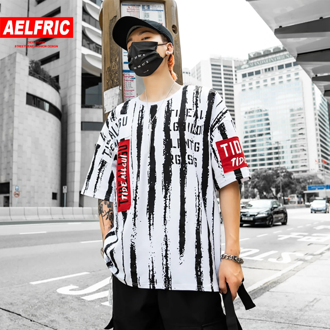 

AELFRIC Patchwork Striped Letter Graffiti Men T Shirt Summer Harajuku Casual Cotton Tops Fashion Hip Hop Short Sleeve Streetwear