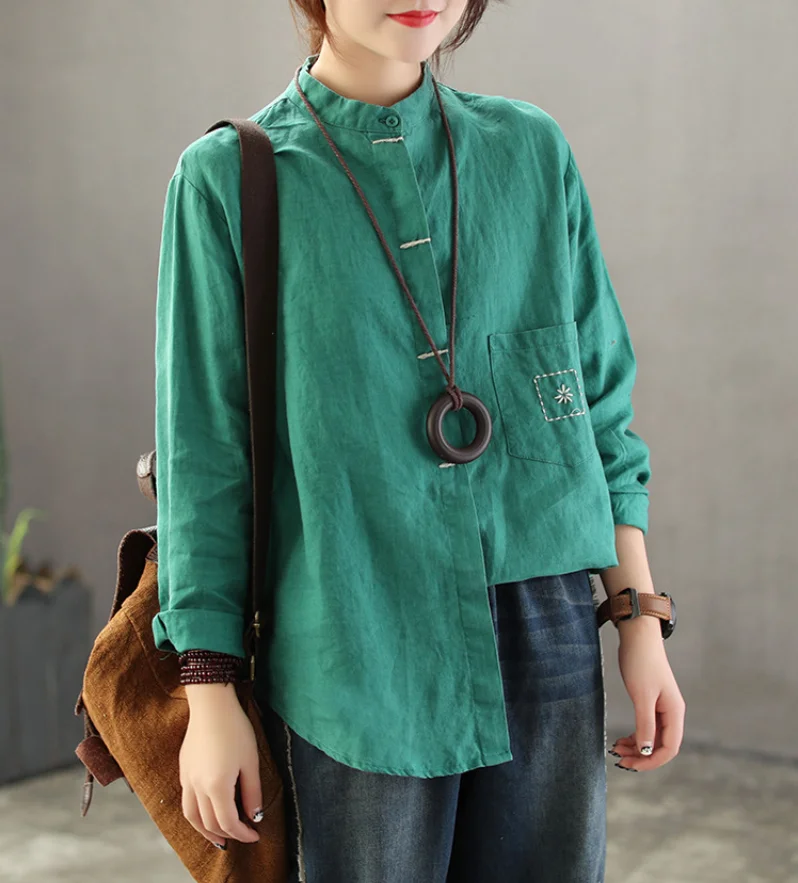 

Spring Autumn Blouse Retro Loose Women Shirt Tops Stand Cardigan Button Mori girl Blended Casual Ladies Solid color Shirt