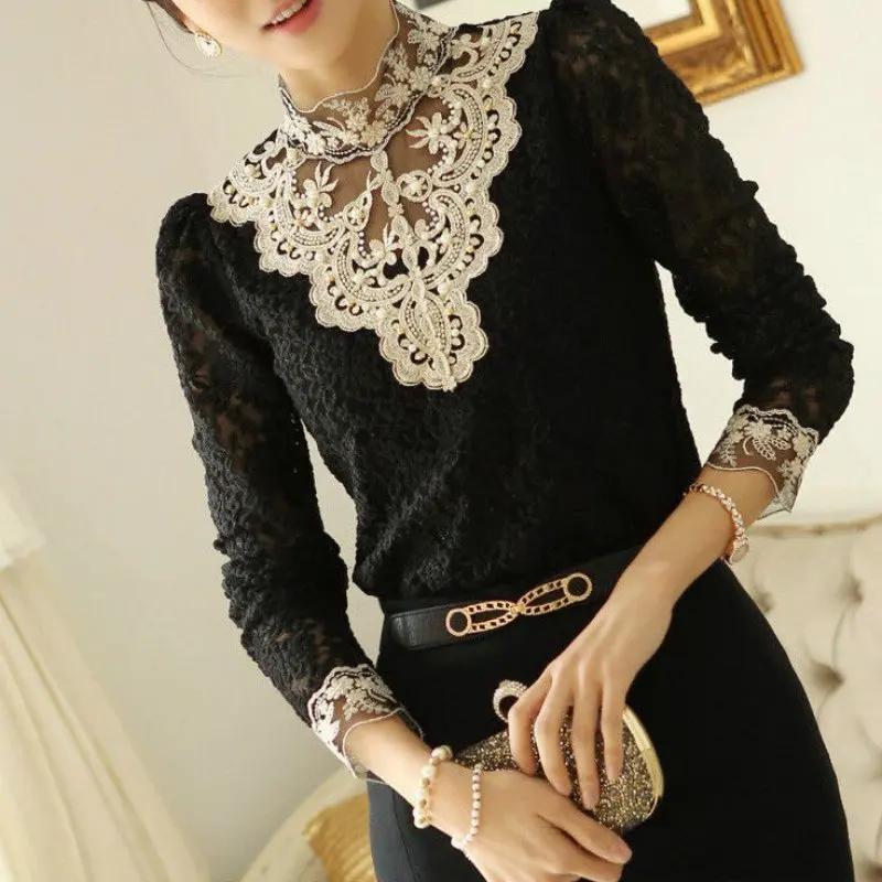 

HOT Women's Sexy Casual OL Fashion Long Sleeve Lace Print Tops Shirt Blouse
