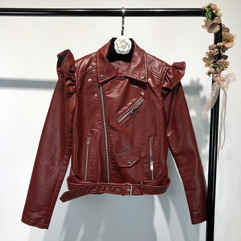 2018 À Glissière Moto Outwear Mode Pu Automne Casual Streetwear Y593 Manteau Femmes Fermetures Veste Volants Hiver YwYUq0