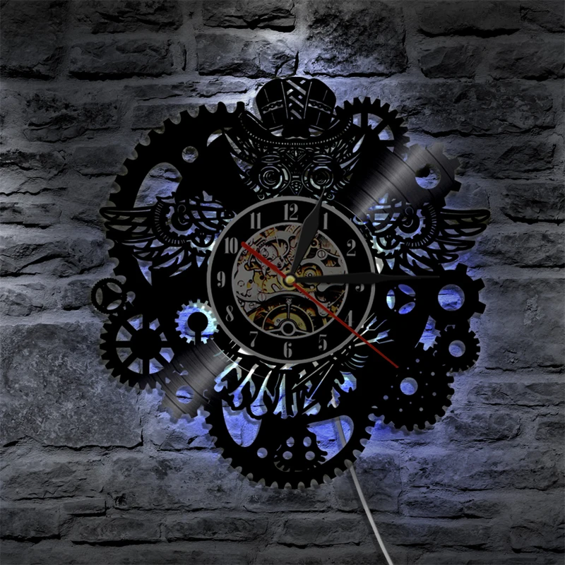 

Vinyl Record Wall Clock Modern Design 3D Decorative Steampunk Clock with 7 Different Color LED Change Gear Wall Watch Home Decor