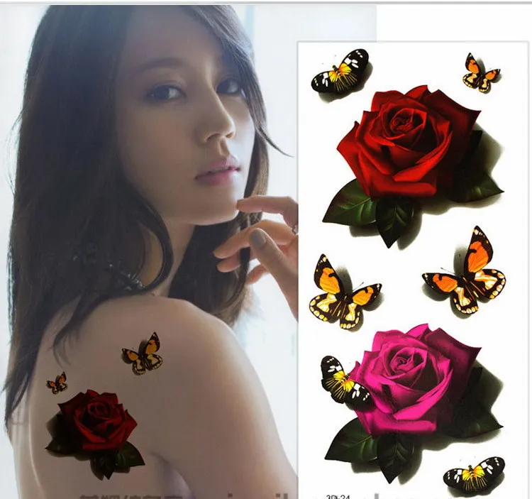 

1piece new 3d-24 3D Colorful Rose butterfly design Temporary gold tattoo Waterproof body/arm paint tatoo sticker women sexy girl