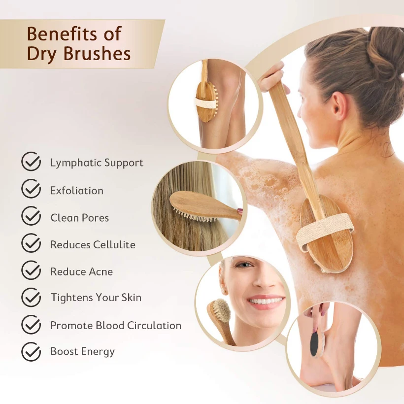 TREESMILE Dry Body Brushing Set - Natural Bristle Shower Brush - Remove Dead Skin & Toxins,Cellulite Treatment Massage Brush D30