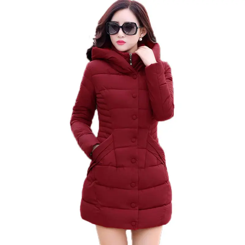 

new 2017 winter hooded jacket women cotton wadded overcoat medium-long slim casual fashion parkas plus size XXXL wine red coats