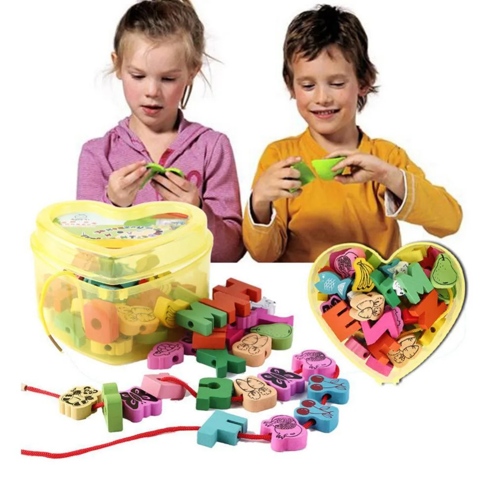 

1 Set Interesting Wooden Lacing Beads Animals Stringing Game Blocks Heart-shape Box Threading Educational Mixed Fruit Toy Gifts