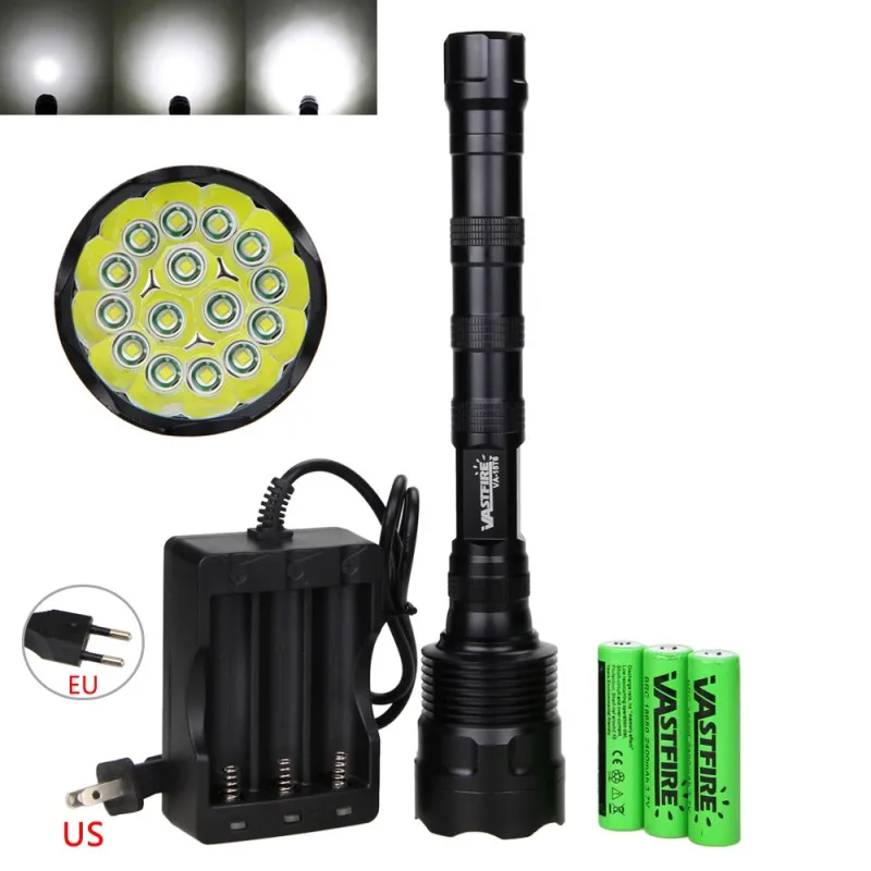 

3000LM 15X XM-L T6 5 Modes LED Camping Hunting Flashlight Military Torch Brightness Lamp Light+3x18650 Battery +Charger