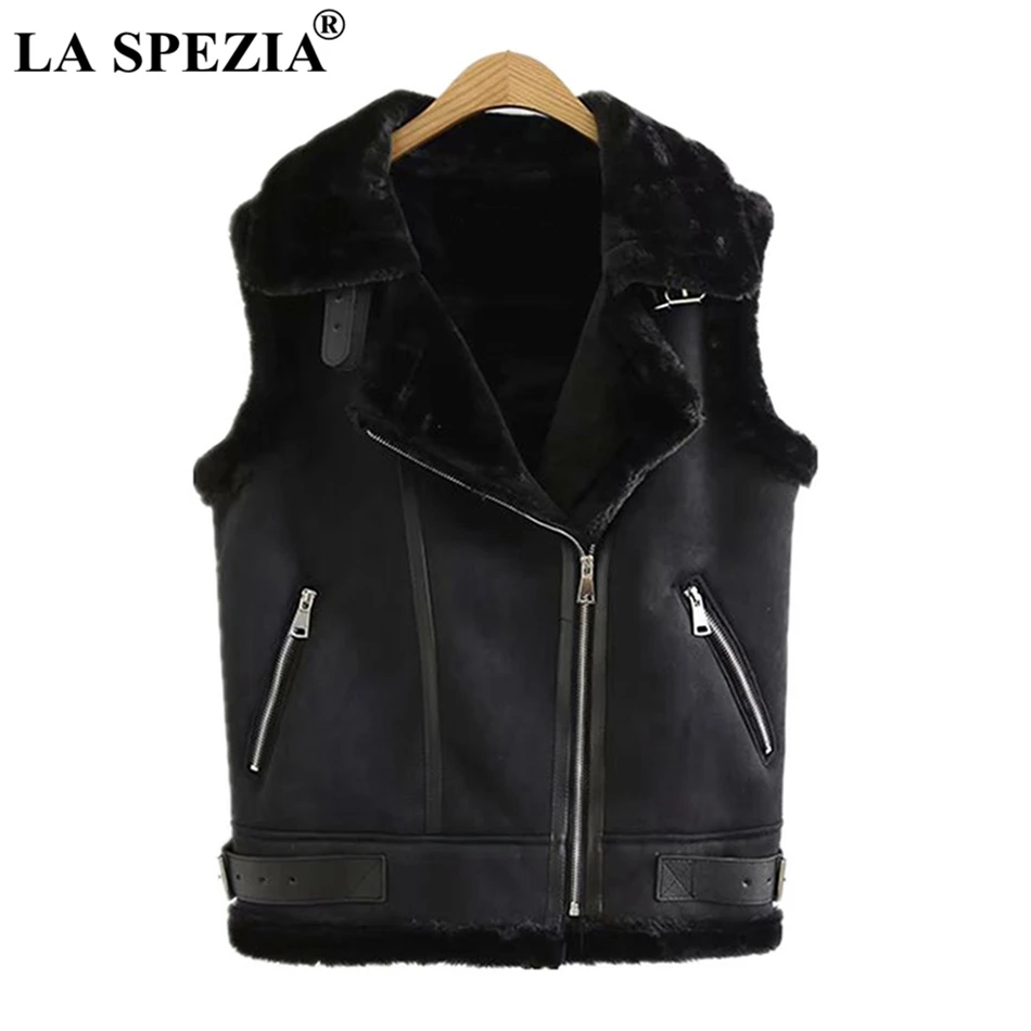 LA SPEZIA Black Waistcoat Women Winter Solid Biker Vest Female Zipper Suede Leather Warm Short Thick Ladies Sleeveless Jackets