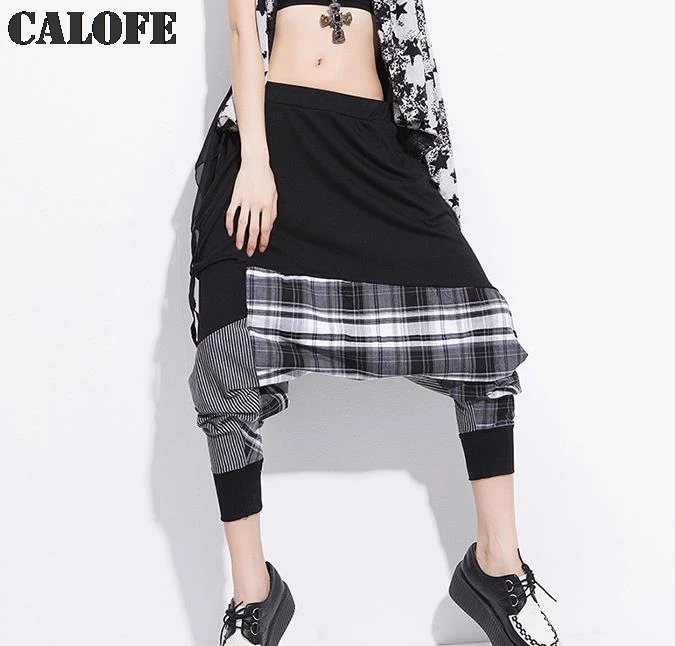 CALOFE Hip Hop Harem Pants Women Skateboard Sport Leisure Pants Plaid Patchwork Trousers Low Cross-pants Retro Sport Pant Z25