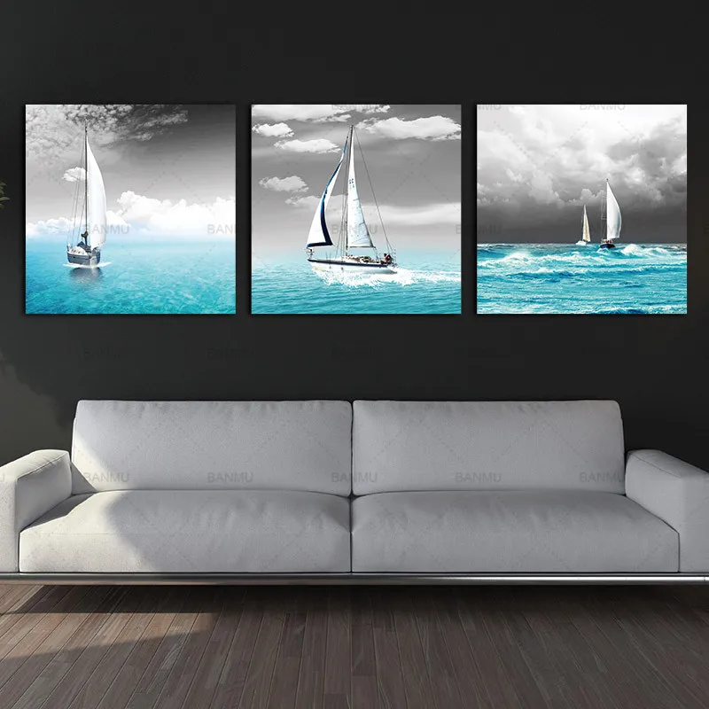 Huge Home Decorations-Sailing Boat sail in Blue Sea Canvas Print Modern Wall Painting Art set of 3  (unframed)
