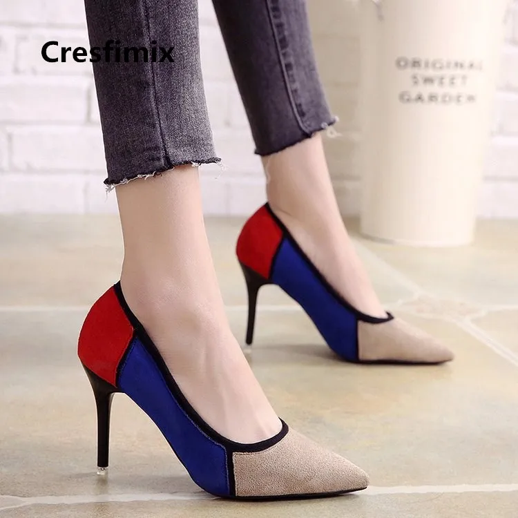 

Lady Casual High Quality Flock Spring High Heel Shoes Women Cool Multi Color Pointed Toe High Heel Pumps Cute Sweet Shoes E706
