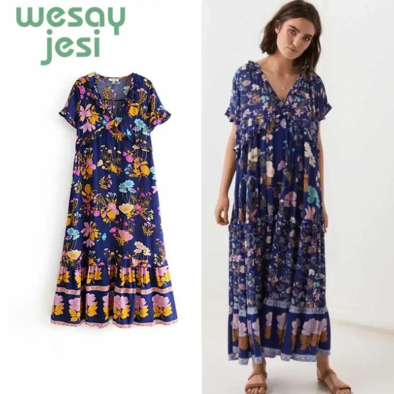 

Womens Dress New Floral Printed Boho Long Sleeve Maxi Dress Summer Beach Plus Size Holiday women Dresses plus size