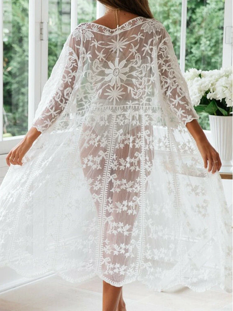 

Women Three Quarter Lace Crochet Kimono Bikini Swimsuit Cover Up Wrap Dress