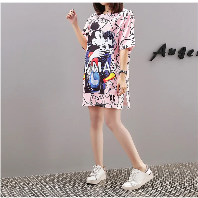 

Summer Women's Loose Large Size Dress Round Neck Short Sleeve Fashion Print Cute Mickey Mouse Ms. T-Shirt Dress Casual dress