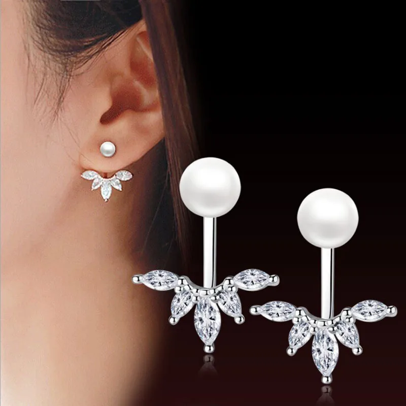 

KOFSAC New Charm Silver 925 Stud Earrings For Women Exquisite Rear Hanging Crystal Leaf Pearl Earring Fine Ear Jewelry Brincos