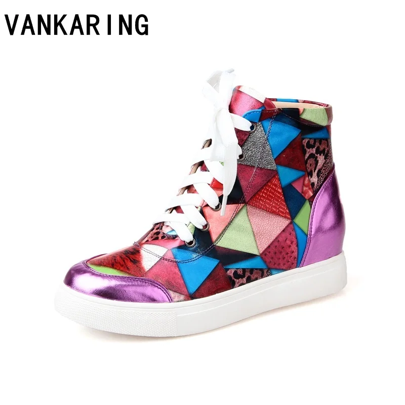 

VANKARING women ankle boots fashion printing leather woman boots round toe lace up casual shoes female footwear platform sneaker