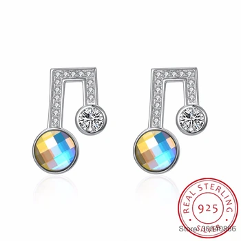 

925 Sterling Silver Fine Jewelry Fashion Small Music Note Stud Earring Crystal From Gift For Girls Kid Lady Women
