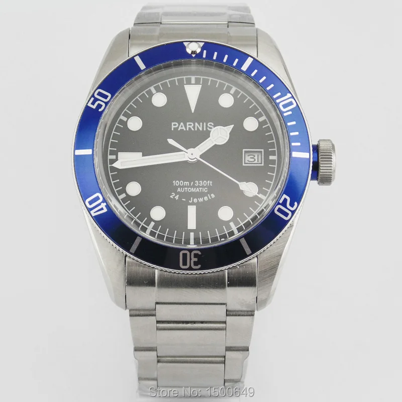 

Parnis 41mm black dial Sapphire glass date Rotating blue Bezel insert automatic mens watch 24 Jewels automatic movement