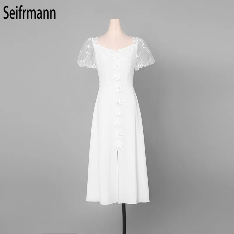 Seifermann Fashion Runway Summer Dress Women's Mesh Short Sleeve Appliques Elegant White Collect Waist Split A-Line Midi dress