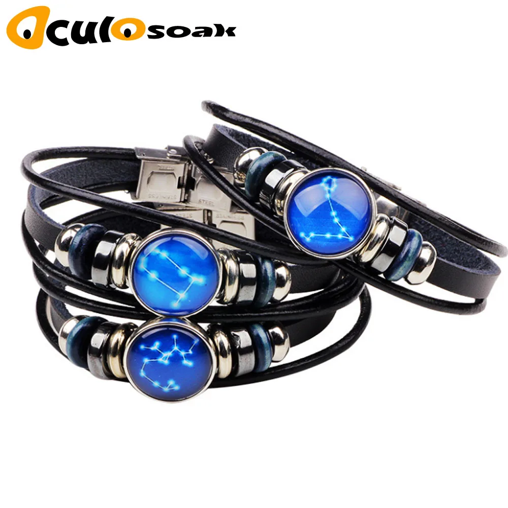 

Zodiac Sign Button Bracelet Cancer Leo Virgo Libra Scorpio Gemini 12 Constellation Punk Braided Leather Bracelet