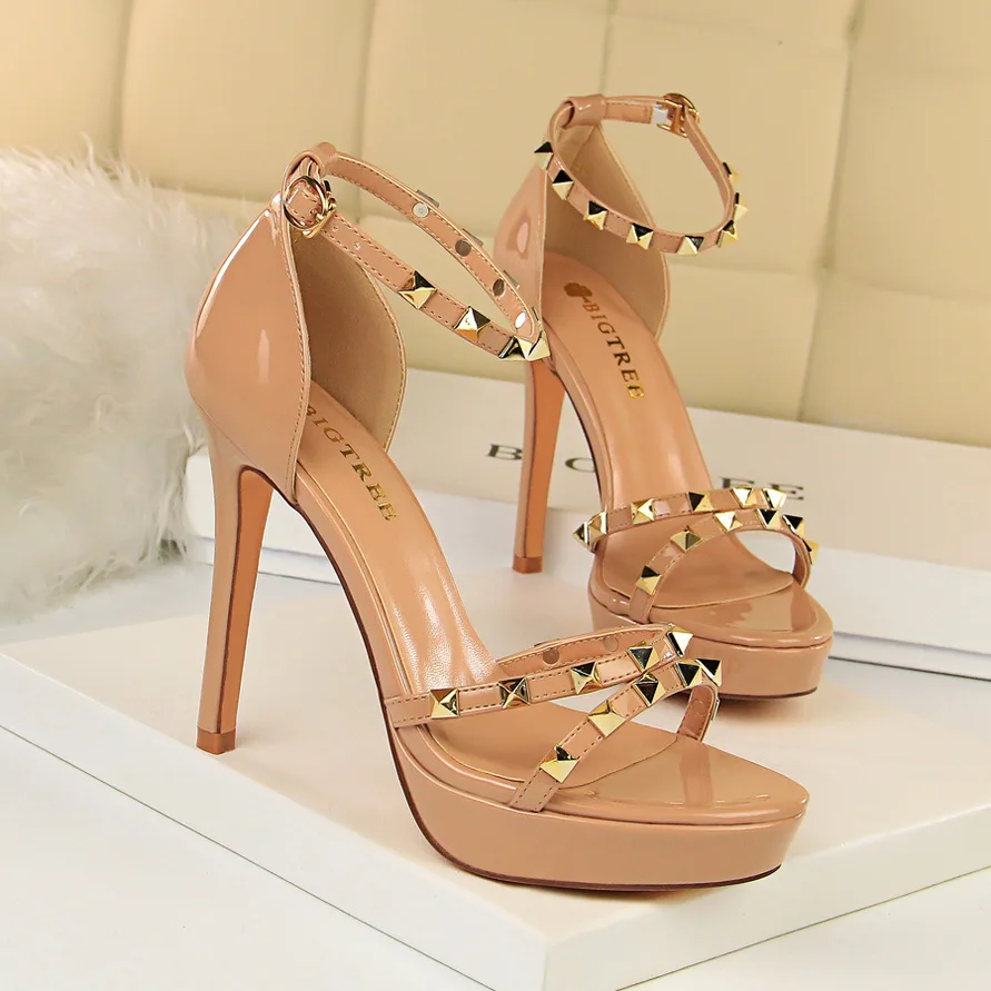 Модная Летняя женская обувь пикантные женские босоножки на высоком каблуке 11,5 см с открытым носком женские туфли-лодочки с заклепками 6 цветов 34-43 OULYYYOGO