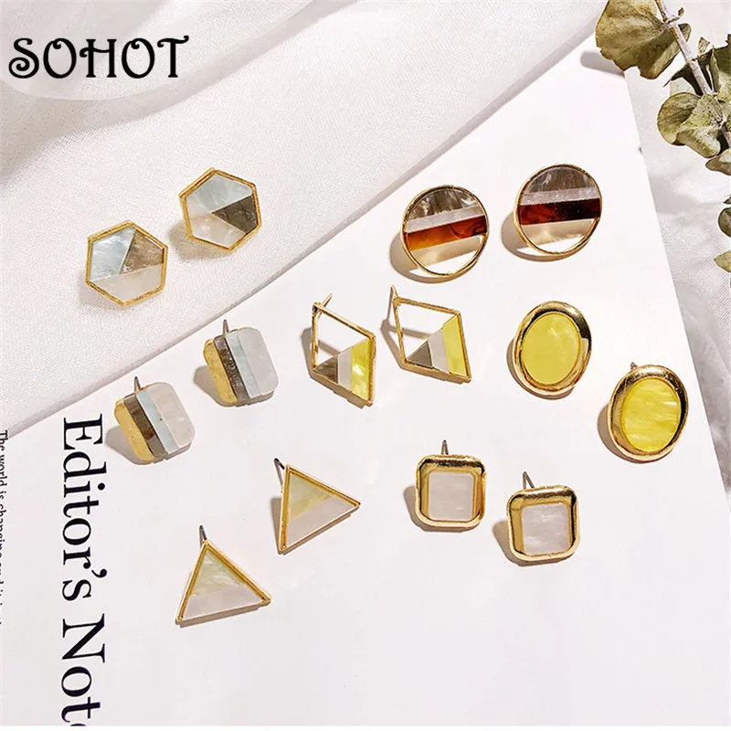 

SOHOT OL Style Geometry Chic Colorful Acrylic Women Stud Earrings Acetic Acid Alloy Gold Color High Quality Triangle Jewelry
