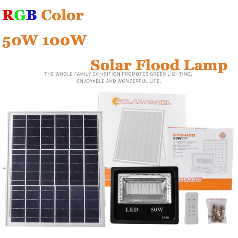 4PCS 50W 100W LED Solar Flood Light RGB Colorful Outdoor Floodlight Garden Wall Solar Powered LED Flood Light Remote Controller