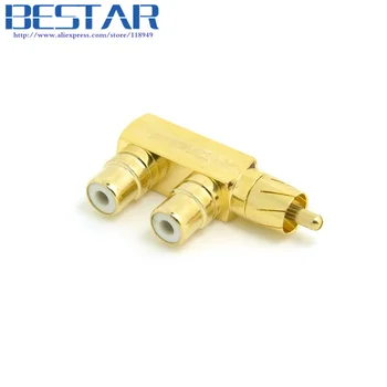 

90 Degree Angled RCA AV Audio Splitter Plug Adapter Male to Dual Female F type Extension Golden Color