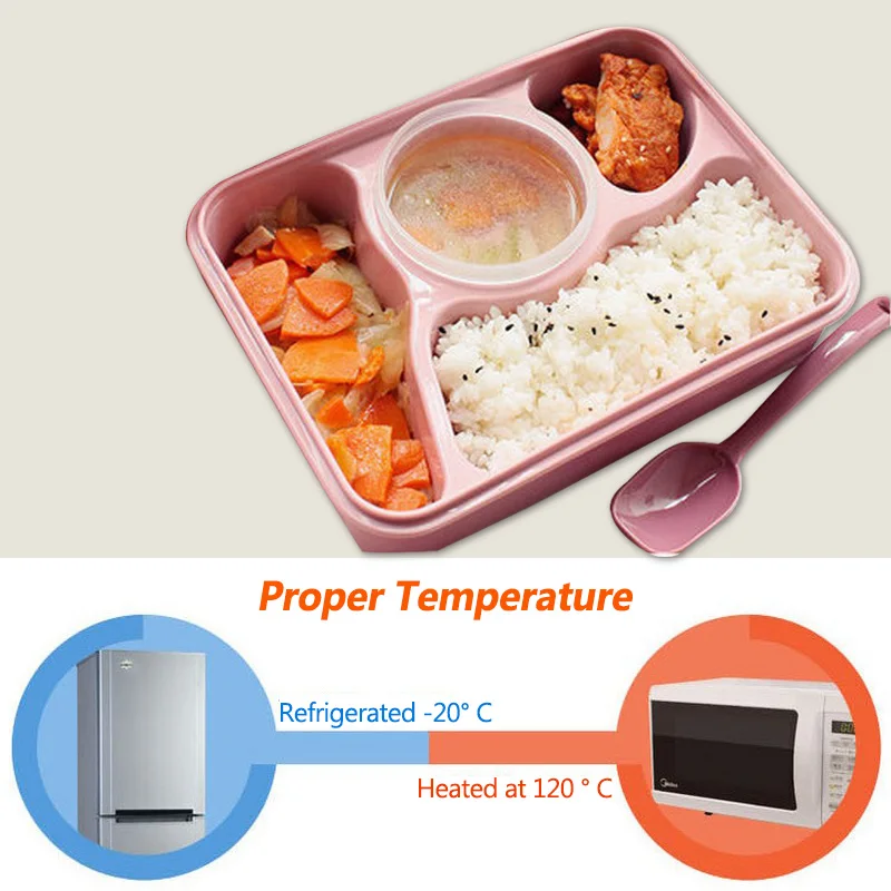 4 Cells Helath Plastic Bento Lunch Box Tableware Set Food Container Microwave School Lunch Boxes Sub-grid Design With Spoon (4)