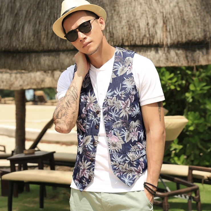 New Men s Slim Vest print Suit Single Row Button Casual Vest Waistcoats Men s brand