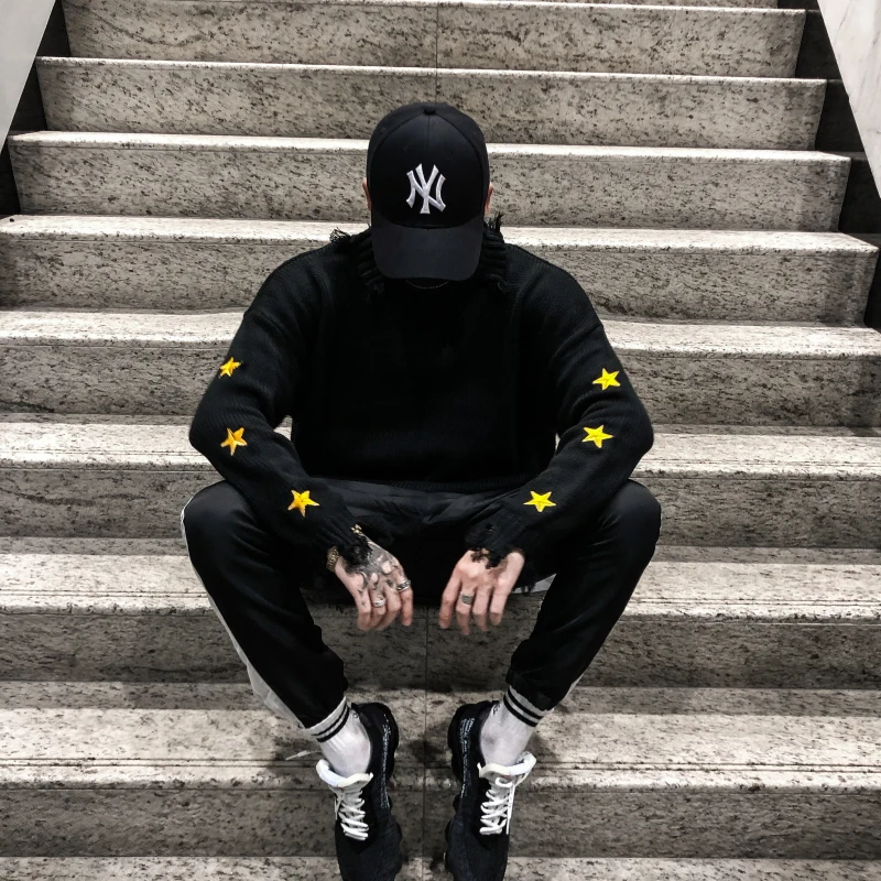 

Winter Autumn Cool Hiphop sweater men High neck Punk style Oversized Ripped Black Blue