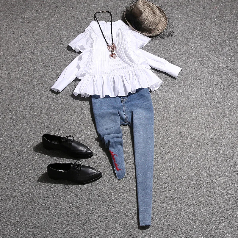 

Europe Station 2019 Autumn Dress New Women Fashion Suit Flounces Long Sleeve Jacket Nine Points Jeans Two Sets Women Tracksuits