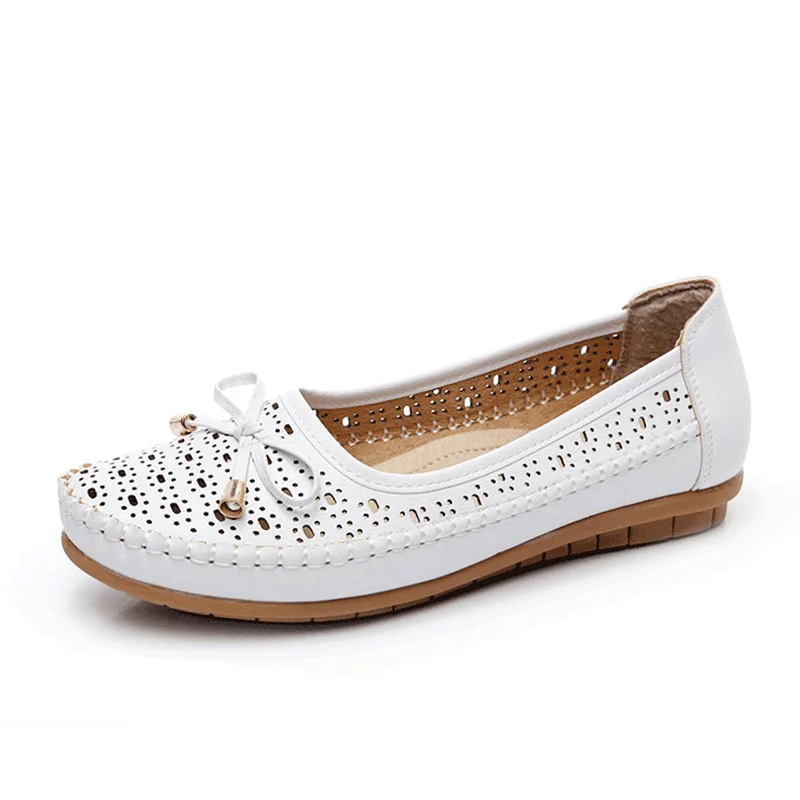 

2019 summer Women Cutouts Genuine Leather Mom Shoes Comfortable Flats Nurse Casual slip-on ballet flat loafers size 35-40