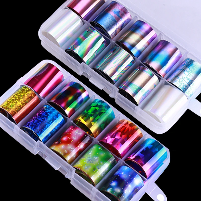 

10 Pcs Nail Foil Set Holographic Flower Lace Colorful Transparent AB Color Nail Art Transfer Sticker DIY Design Decal