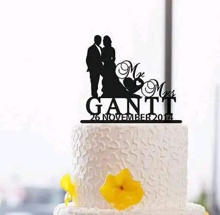 Свадебный торт Топпер Жених и невеста силуэт, персонализированные цилиндр свадебный торт, пользовательские Обручение любовь торт Топпер