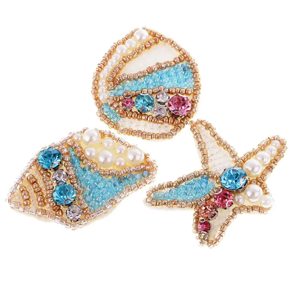 

Shell patch Starfish patch Conch patch Pearl applique mixed rhinestone pearl sewing patches for DIY shoes, hat ,garment SOWOO