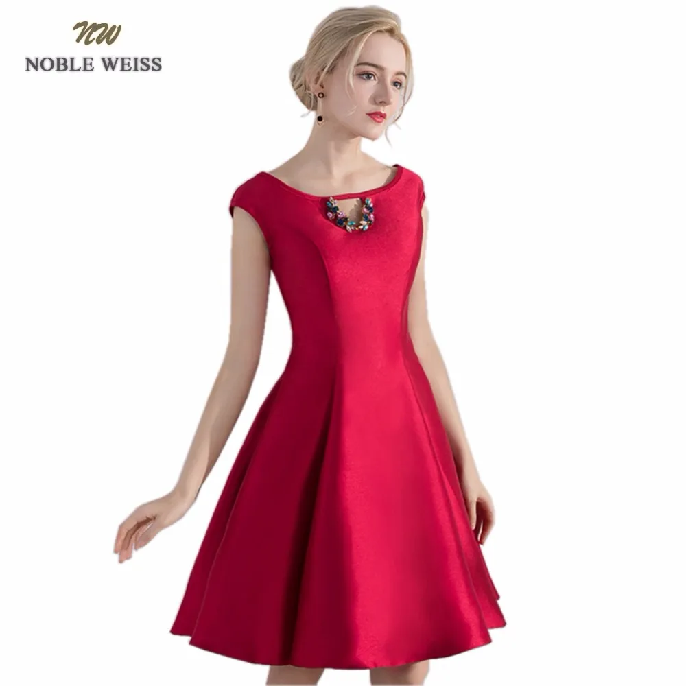 

NOBLE WEISS Hot Sale Dark Red Satin Prom Dresses Robe De Soiree A-Line Beading Knee-Length Prom Dress