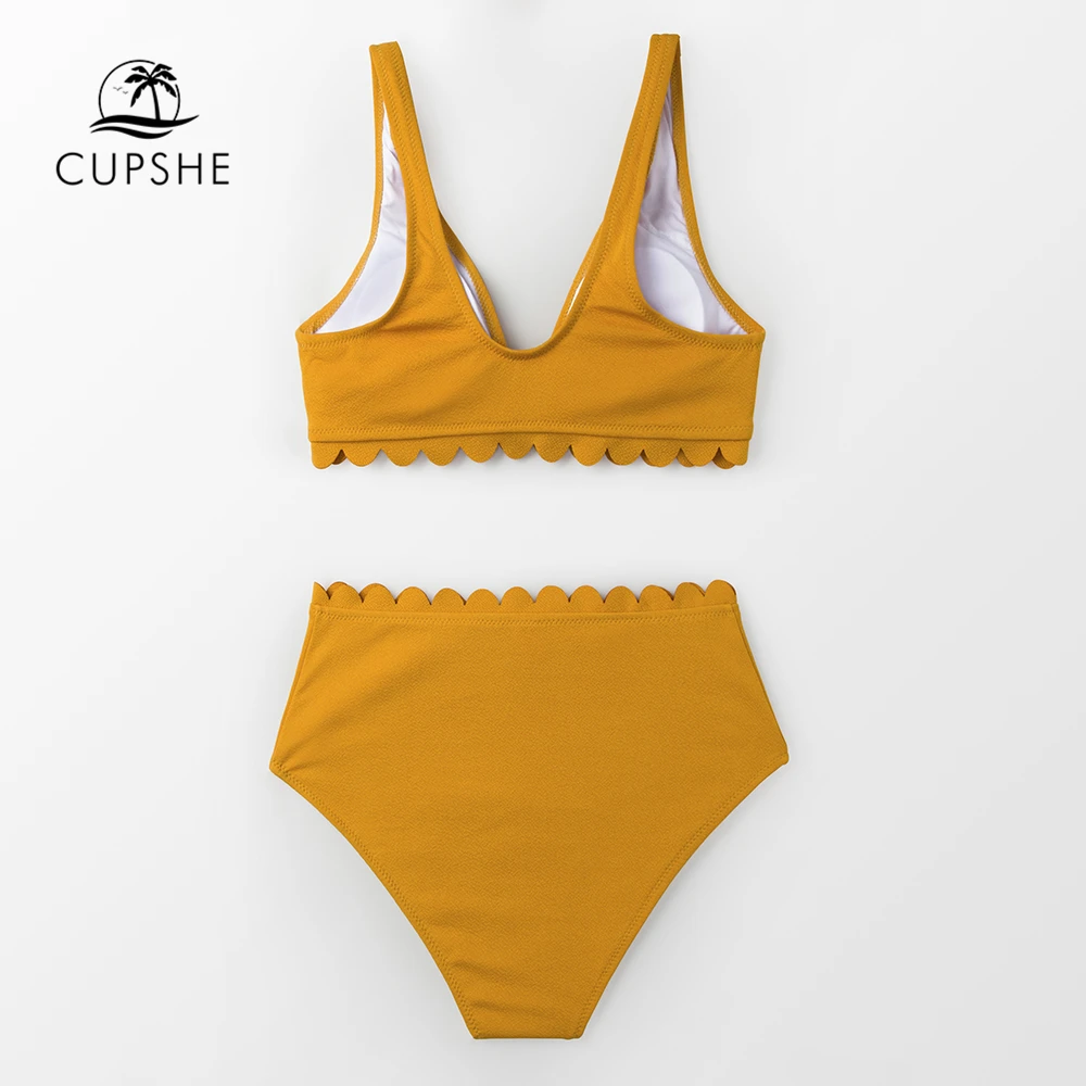 Günstig CUPSHE Sexy Yellow Tie Front Scalloped Bikini Sets Frauen Hohe Taille Solide Zwei Stück Badeanzüge 2020 Mädchen Strand Bade anzüge