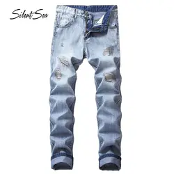 Silentsea высокого качества Модные Для мужчин джинсы прямые брюки всесезонные Повседневные свободные штаны брендовая мужская отремонтировать