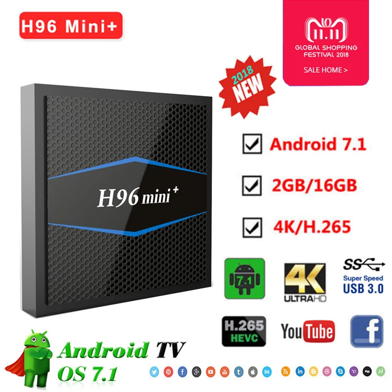 

H96 mini plus Smart Android 7.1 Amlogic S905W Quad core R2GB 16GB 4K H.265 2.4G WiFi set Top box Media Player PK H96 PRO Plus
