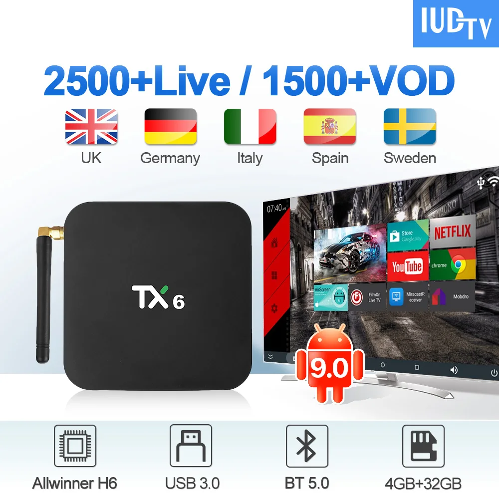 

TX6 Android 9.0 IUDTV IPTV Sweden Subscription Box 4G 32G BT5.0 2.4G/5G Wifi with IPTV Italy Arabic Spain Portugal UK IP TV
