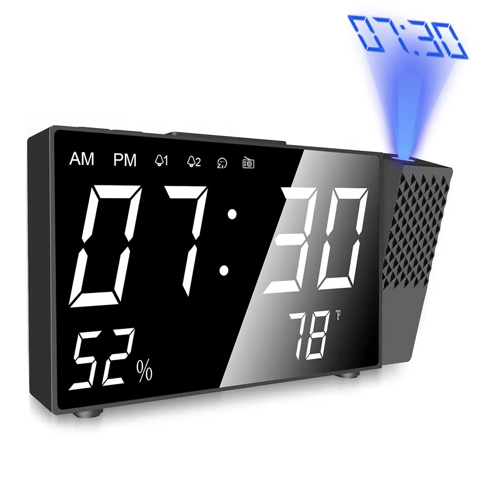 

Projection Alarm Clock Humidity Temperature DisPlay Digital FM Radio Dual Alarm Volume Snooze Time Desktop Digital Table Clocks