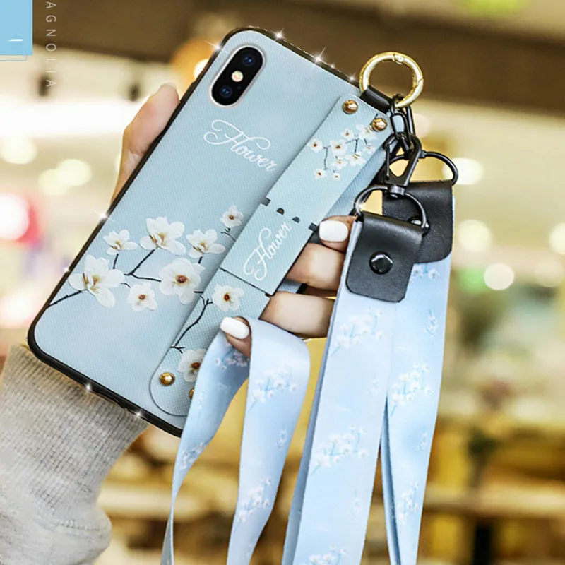 

Fashion Floral Wrist Strap Phone Case For iPhone XR with Lanyard Neck Strap Wrist Strap Cover For iPhone XR Protective shell